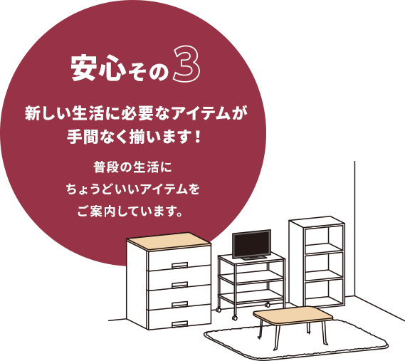 安心その3 新しい生活に必要なアイテムが手間なく揃います!　生活にちょうどいいアイテムをご案内しています。
